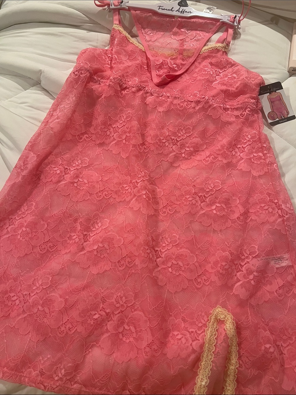 French Affair babydoll with panty pink lacy lingerie L NWT